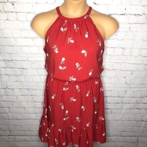 Loft Red Floral A Line Ruffle Hem Dress L